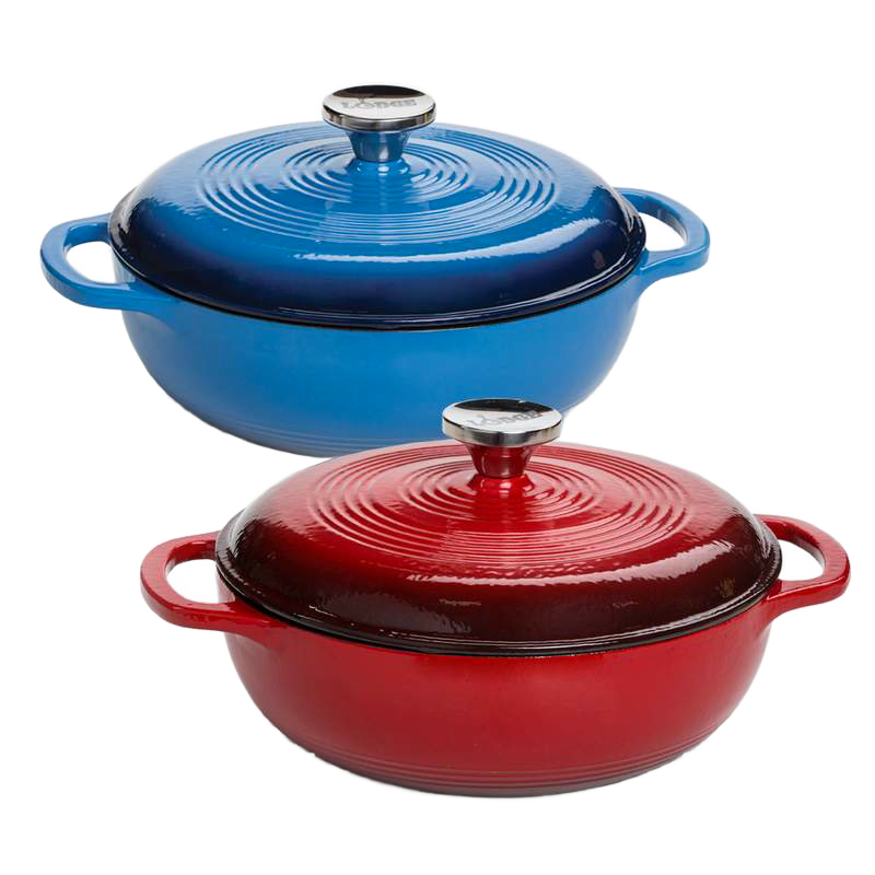 Set of two handcrafted enameled cast iron Dutch ovens in vibrant blue and red with sturdy handles and polished metal knobs, ideal for Kitchen & Food, Cookware, Cast Iron, and Best Sellers collections.