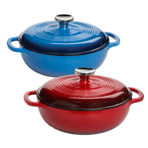 Set of two handcrafted enameled cast iron Dutch ovens in vibrant blue and red with sturdy handles and polished metal knobs, ideal for Kitchen & Food, Cookware, Cast Iron, and Best Sellers collections.