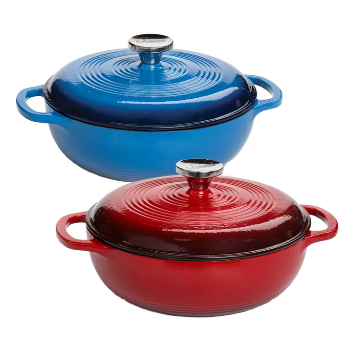 Set of two handcrafted enameled cast iron Dutch ovens in vibrant blue and red with sturdy handles and polished metal knobs, ideal for Kitchen & Food, Cookware, Cast Iron, and Best Sellers collections.