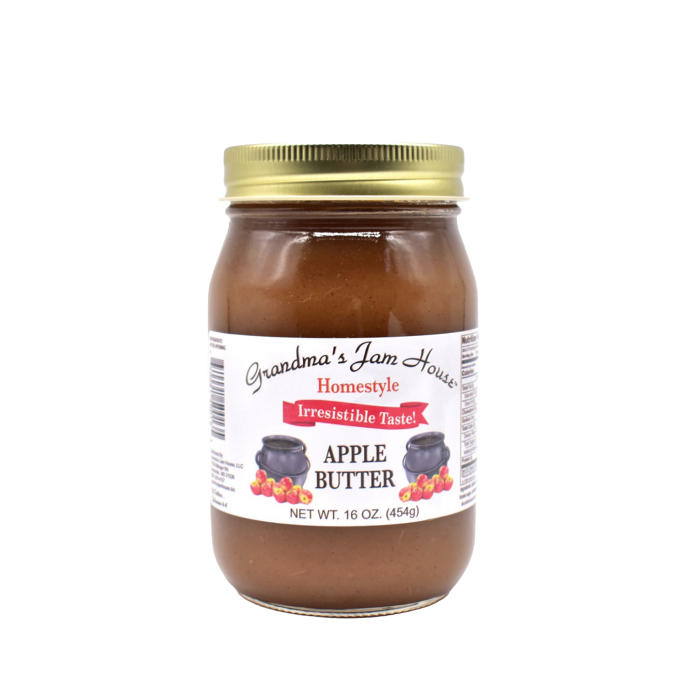 Handcrafted jar of apple butter with gold metal lid and white label displaying fruit and pot illustrations, made in USA, perfect for Kitchen & Food, Pantry, Peanut Butter & Jellies, Best Sellers, and Promo Eligible collections.