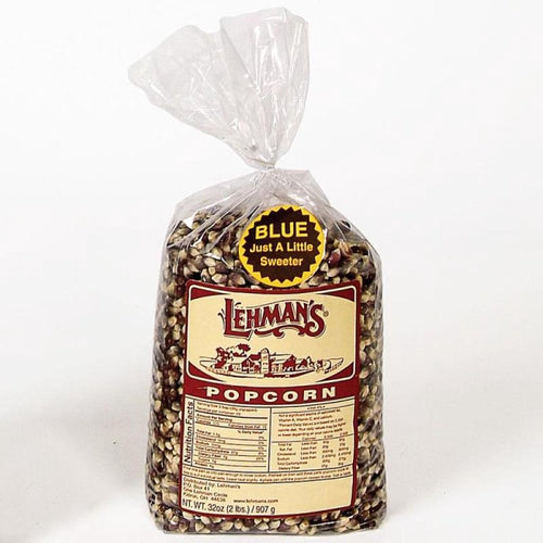 Clear plastic bag of medium blue kernel popcorn with detailed nutritional label and Lehman's logo, promoting a slightly sweeter, non-GMO snack, featured in Kitchen & Food and USA Made collections.