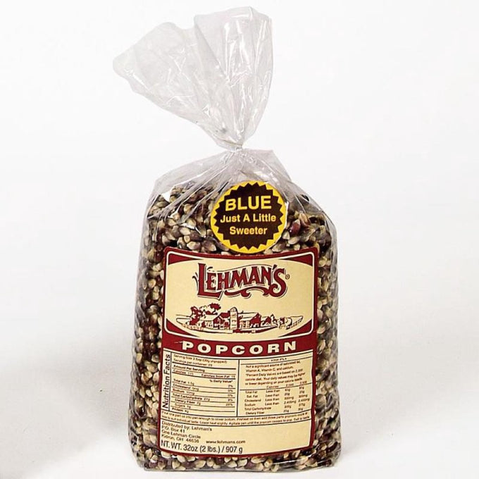 Clear plastic bag of medium blue kernel popcorn with detailed nutritional label and Lehman's logo, promoting a slightly sweeter, non-GMO snack, featured in Kitchen & Food and USA Made collections.