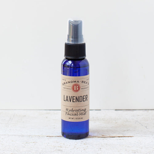 Handcrafted lavender hydrating facial mist in a blue glass spray bottle, featured in Health & Wellness, Grooming and Personal Hygiene, USA Made, Best Sellers, and Promo Eligible collections.