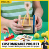 Child holding a wooden truck catapult with yellow rubber bands, paint set with four colors, wheels stickers, and four yellow foam balls, a hands-on DIY toy in Toys, Books & Games and Arts and Crafts collections.