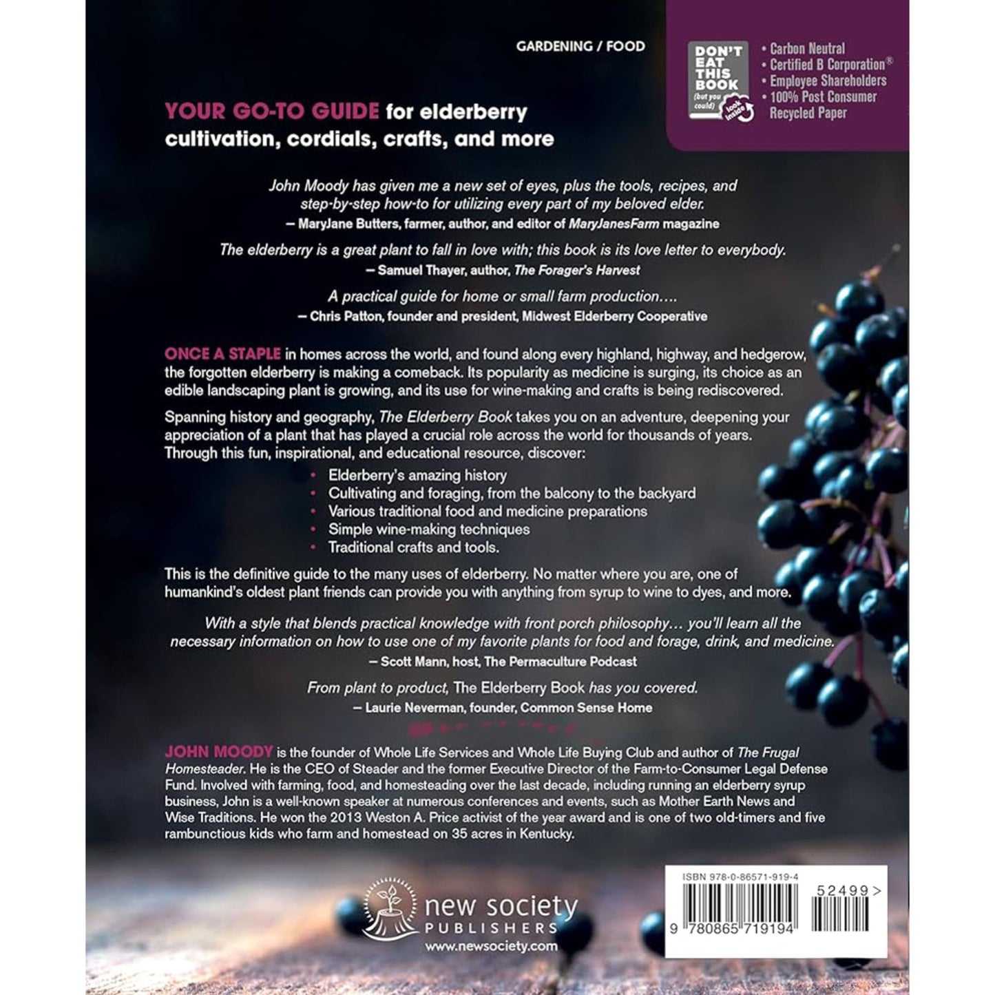 Back cover of a home and garden how-to book about elderberry cultivation and uses, showcasing informative text with a mix of burgundy and dark background, suitable for Books and Best Sellers collections.
