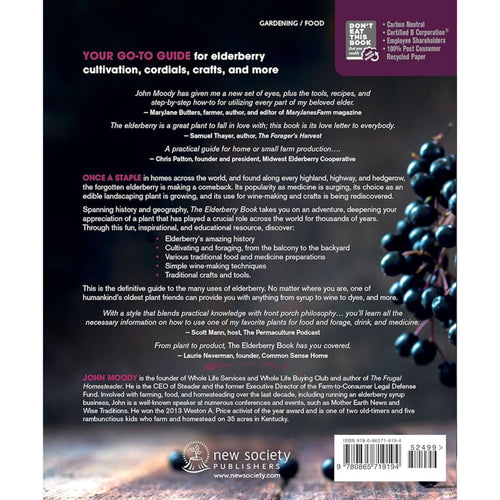 Back cover of a home and garden how-to book about elderberry cultivation and uses, showcasing informative text with a mix of burgundy and dark background, suitable for Books and Best Sellers collections.