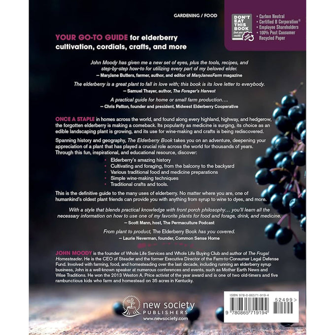 Back cover of a home and garden how-to book about elderberry cultivation and uses, showcasing informative text with a mix of burgundy and dark background, suitable for Books and Best Sellers collections.