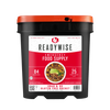 Black emergency food supply bucket with orange lid, labeled for gluten-free grab and go meals providing 84 servings and up to 25 years shelf life, made in USA, ideal for emergency supplies, farm, garden, and best sellers collections.
