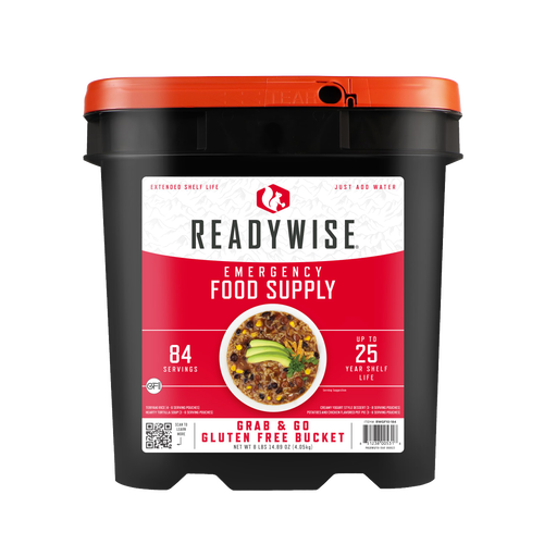 Black emergency food supply bucket with orange lid, labeled for gluten-free grab and go meals providing 84 servings and up to 25 years shelf life, made in USA, ideal for emergency supplies, farm, garden, and best sellers collections.