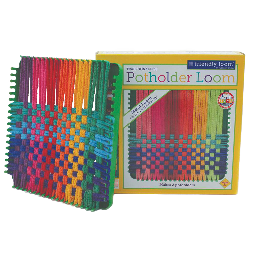 Colorful handcrafted yarn potholder woven on a sturdy metal loom, displayed next to its box highlighting an engaging arts and crafts kit for children in USA Made Toys, Books & Games and Indoor Play collections.