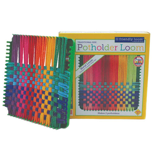 Colorful handcrafted yarn potholder woven on a sturdy metal loom, displayed next to its box highlighting an engaging arts and crafts kit for children in USA Made Toys, Books & Games and Indoor Play collections.