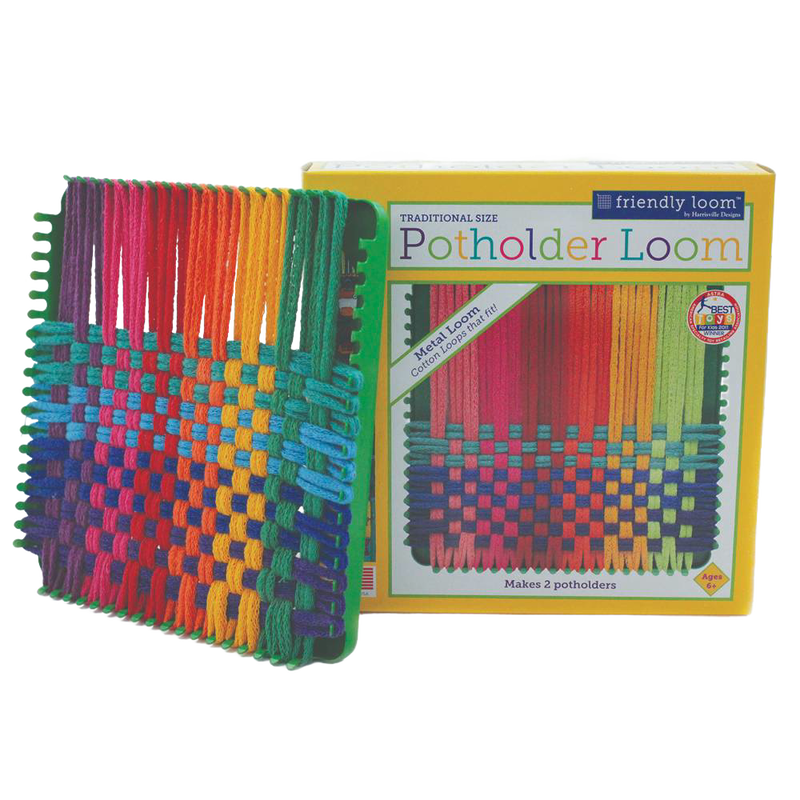 Colorful handcrafted yarn potholder woven on a sturdy metal loom, displayed next to its box highlighting an engaging arts and crafts kit for children in USA Made Toys, Books & Games and Indoor Play collections.