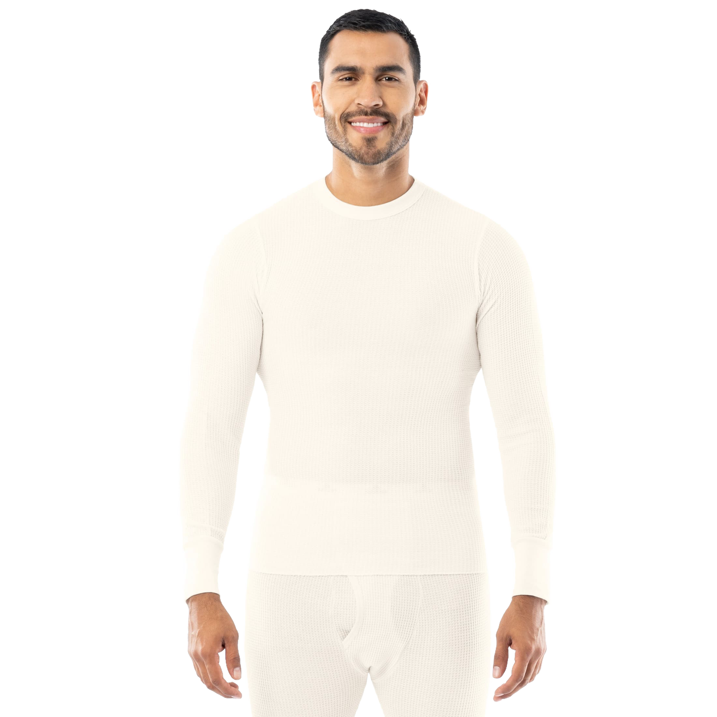 Man wearing a handcrafted cream-colored traditional long johns shirt with circular waffle knit fabric, designed for warmth in cold weather, featured in Health & Wellness, Clothing and Accessories, Best Sellers, and Promo Eligible collections.