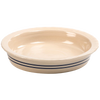Handmade stoneware pie pan featuring natural color with two blue stripes, microwave, oven, and dishwasher safe, ideal for kitchen, baking, and holiday hosting collections.