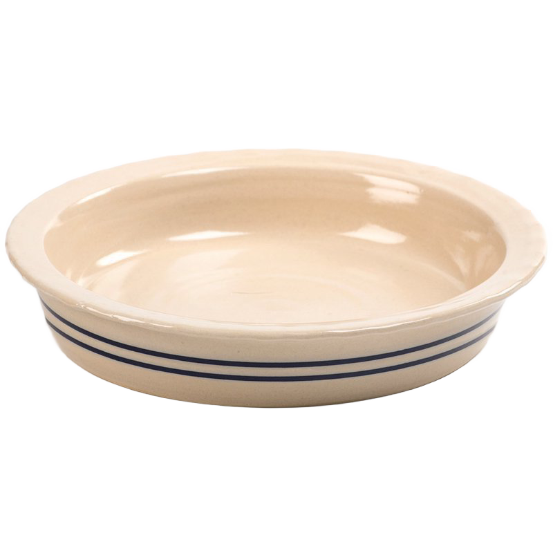 Handmade stoneware pie pan featuring natural color with two blue stripes, microwave, oven, and dishwasher safe, ideal for kitchen, baking, and holiday hosting collections.
