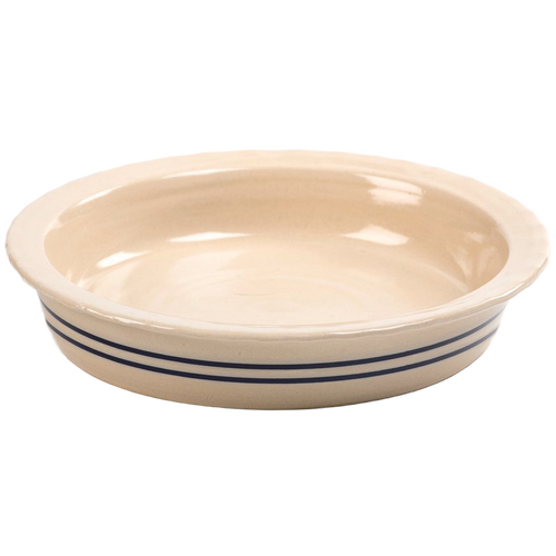 Handmade stoneware pie pan featuring natural color with two blue stripes, microwave, oven, and dishwasher safe, ideal for kitchen, baking, and holiday hosting collections.