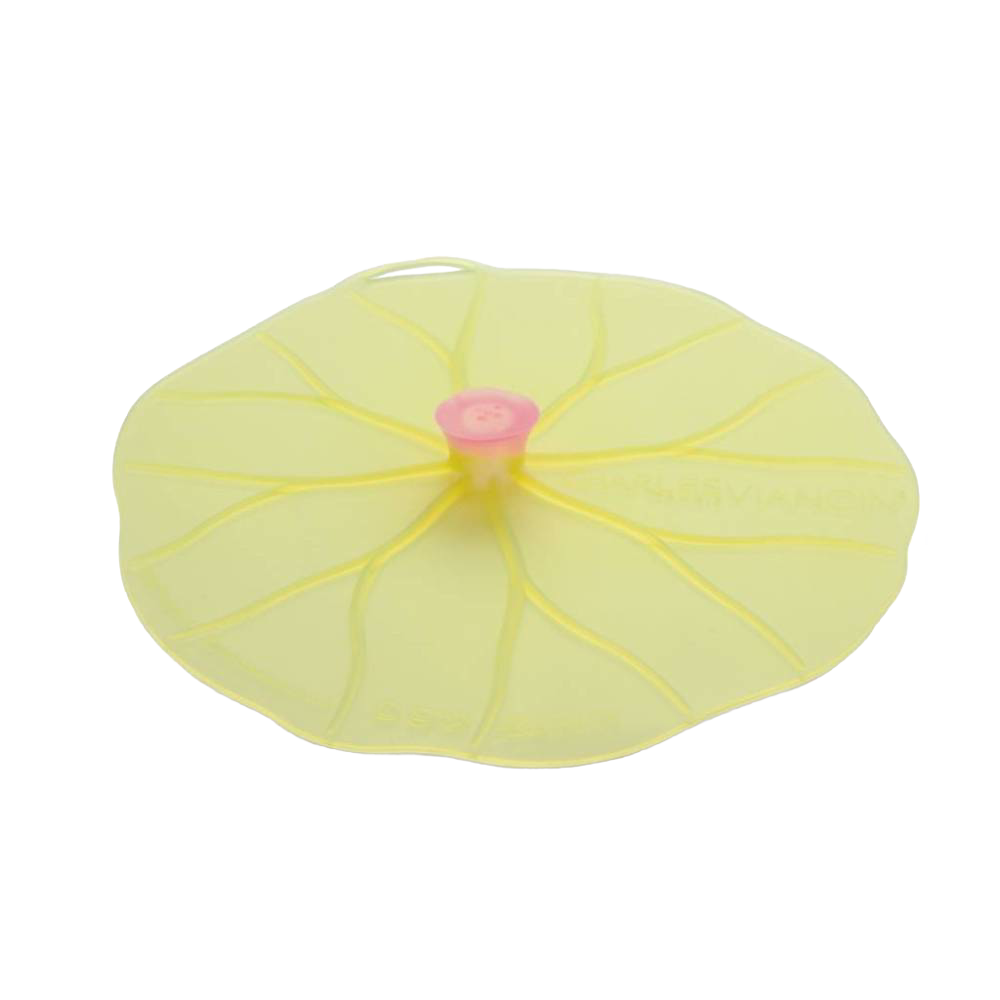 Light yellow reusable silicone bowl cover shaped like a lilypad with a small pink knob, perfect for airtight food storage, featured in Kitchen & Food and Kitchen Gadgets collections.