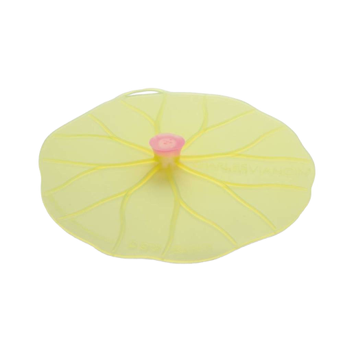 Light yellow reusable silicone bowl cover shaped like a lilypad with a small pink knob, perfect for airtight food storage, featured in Kitchen & Food and Kitchen Gadgets collections.