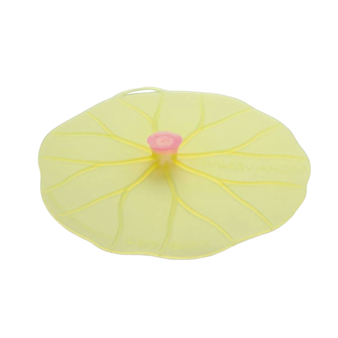 Light yellow reusable silicone bowl cover shaped like a lilypad with a small pink knob, perfect for airtight food storage, featured in Kitchen & Food and Kitchen Gadgets collections.