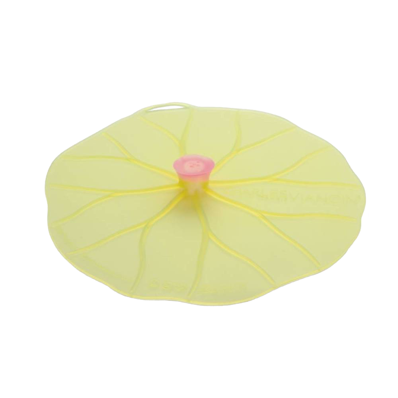 Light yellow reusable silicone bowl cover shaped like a lilypad with a small pink knob, perfect for airtight food storage, featured in Kitchen & Food and Kitchen Gadgets collections.