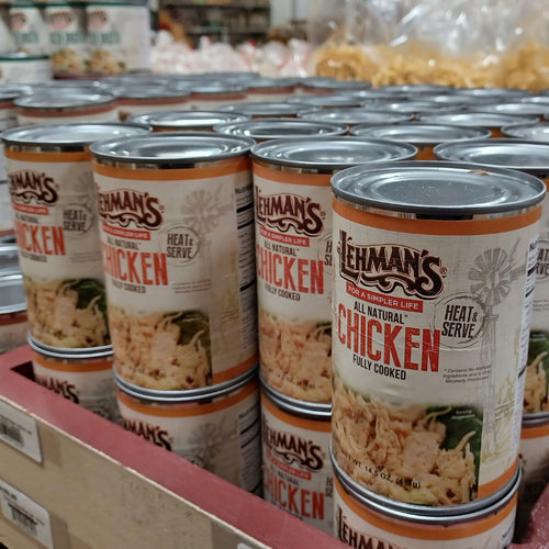 Cans of Lehman's fully cooked all natural chicken arranged in cardboard trays, featured in Kitchen & Food, Food, Meats, Best Sellers, and Promo Eligible collections.