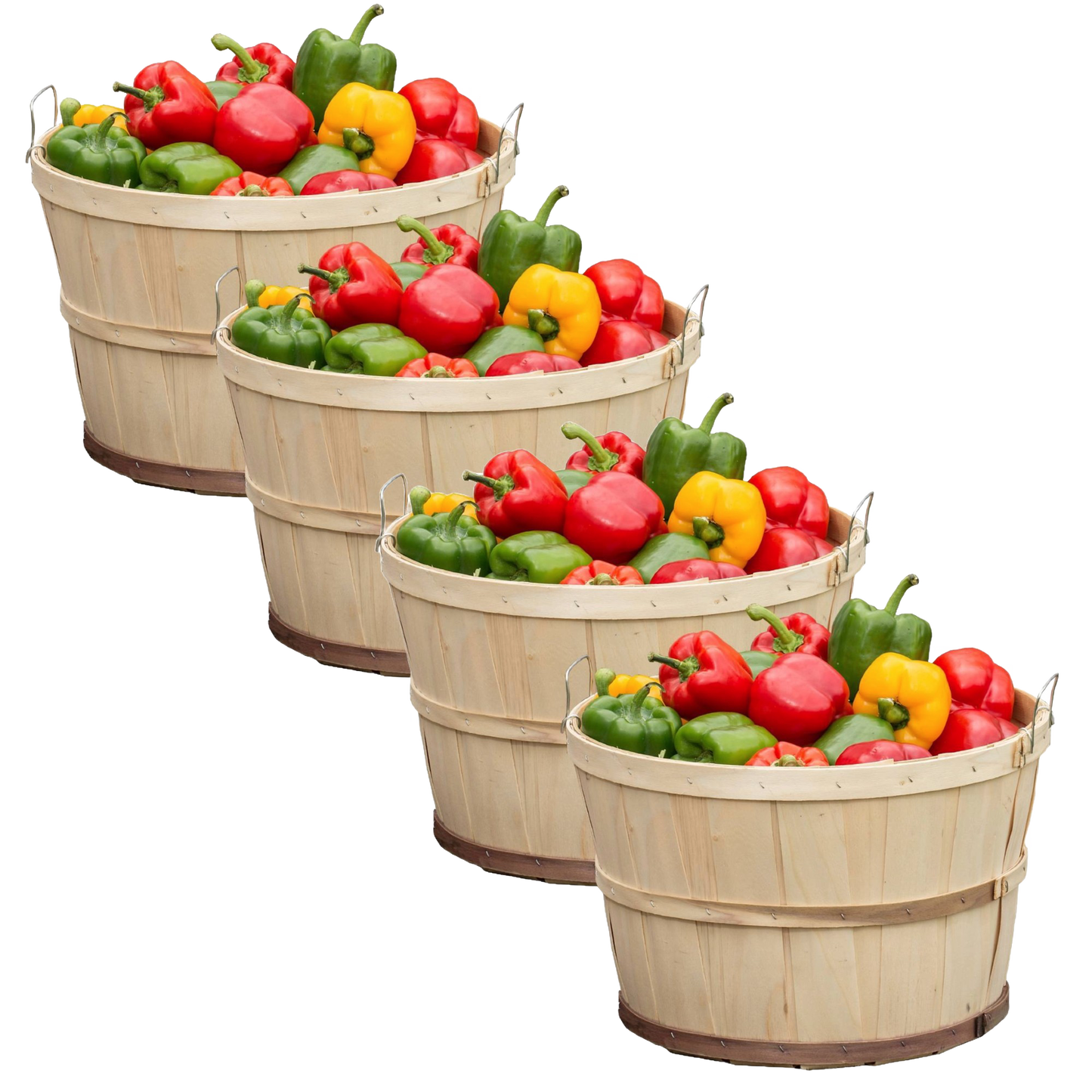 Four handcrafted Old-Time poplar wood bushel baskets with metal wire handles, each filled with colorful red, green, and yellow bell peppers, ideal for Farm, Garden & Tool, Garden Accessories, USA Made, Best Sellers, and Promo Eligible collections.