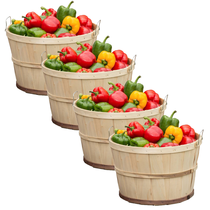 Four handcrafted Old-Time poplar wood bushel baskets with metal wire handles, each filled with colorful red, green, and yellow bell peppers, ideal for Farm, Garden & Tool, Garden Accessories, USA Made, Best Sellers, and Promo Eligible collections.