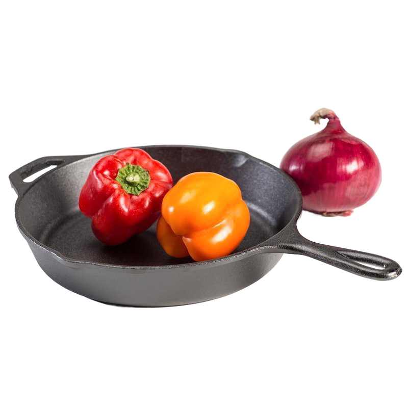 Pre-seasoned cast iron skillet holding a red and an orange bell pepper, with a whole red onion beside it, showcasing durable cookware perfect for Kitchen & Food, Cast Iron, Best Sellers, and Promo Eligible collections.