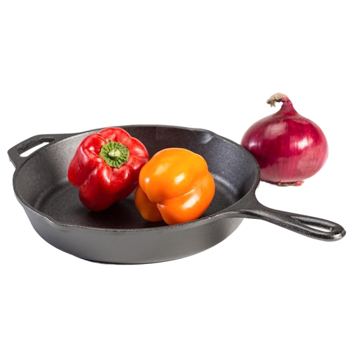 Pre-seasoned cast iron skillet holding a red and an orange bell pepper, with a whole red onion beside it, showcasing durable cookware perfect for Kitchen & Food, Cast Iron, Best Sellers, and Promo Eligible collections.