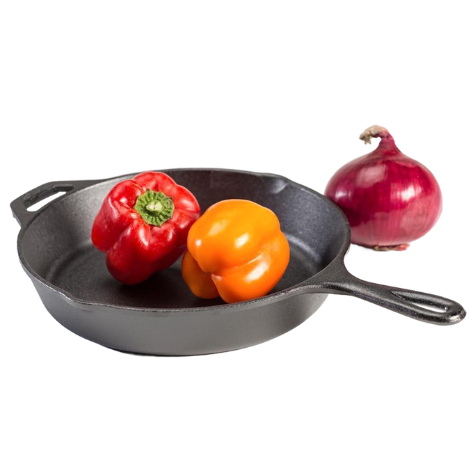Pre-seasoned cast iron skillet holding a red and an orange bell pepper, with a whole red onion beside it, showcasing durable cookware perfect for Kitchen & Food, Cast Iron, Best Sellers, and Promo Eligible collections.
