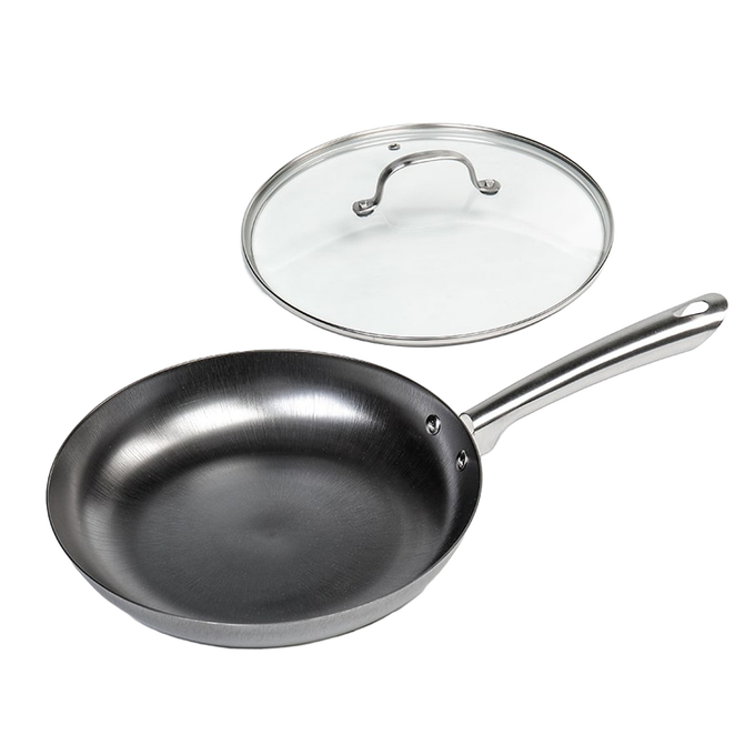 Handcrafted nitrogen infused cast iron skillet with a sleek stainless steel handle and a removable clear glass lid, ideal for Kitchen & Food, Cookware, Cast Iron, Best Sellers, Promo Eligible, and Sale collections.